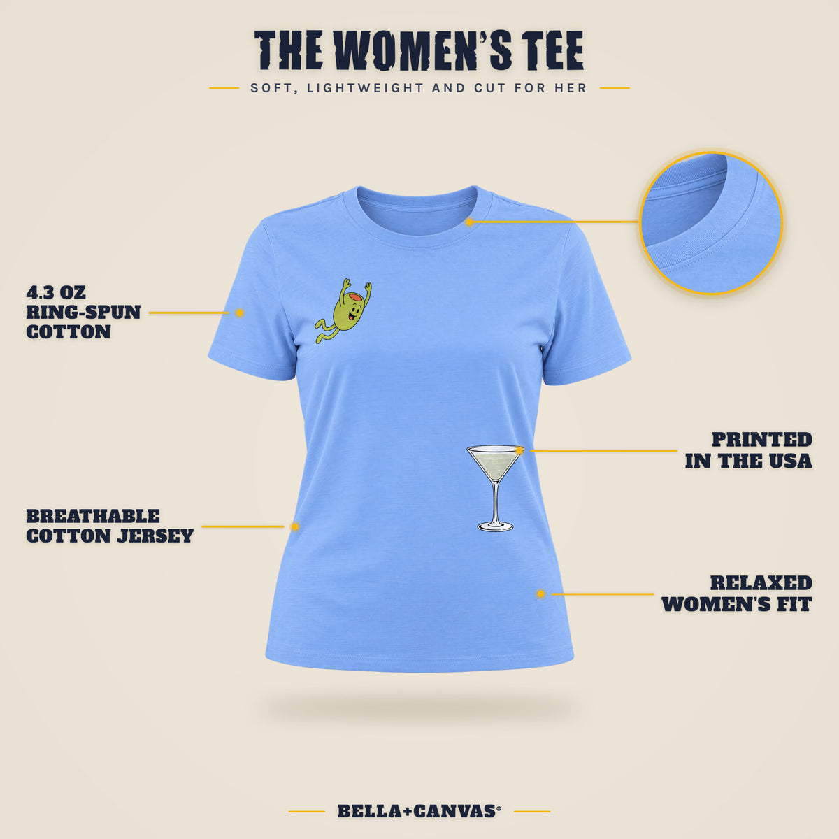 The Women’s Tee: Bella+Canvas 6400 features, shown with Dirty Martini Dive