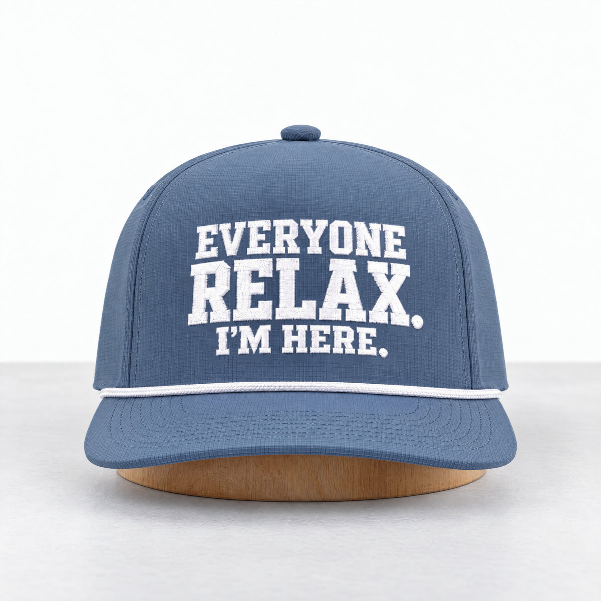 Everyone Relax rope hat in Blue Jean, straight-on front view