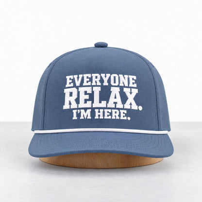 Everyone Relax rope hat in Blue Jean, straight-on front view