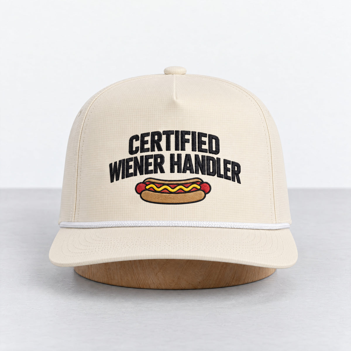 Certified Wiener Handler rope hat in Ivory, straight-on front view