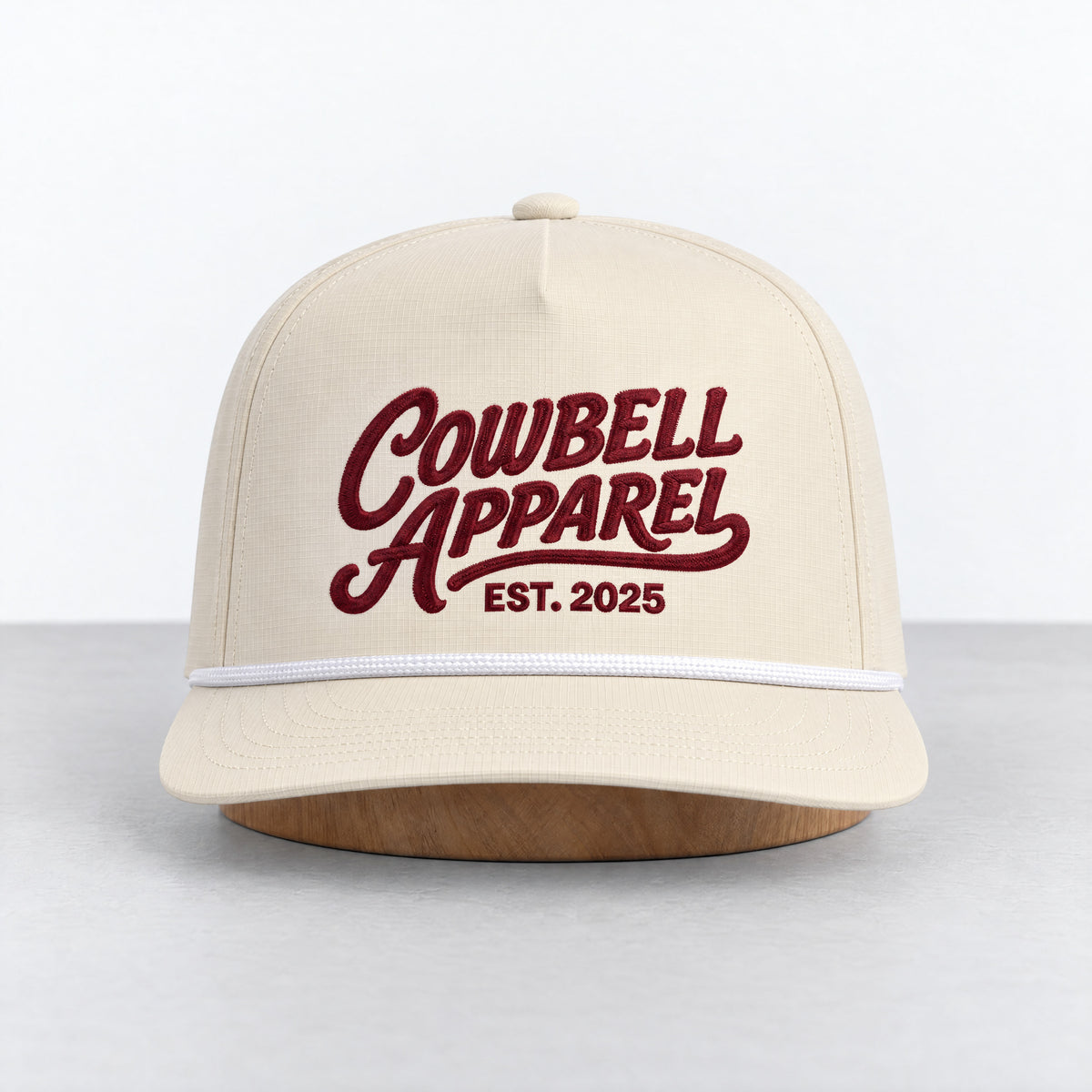 Cowbell Apparel Script rope hat in Ivory, straight-on front view