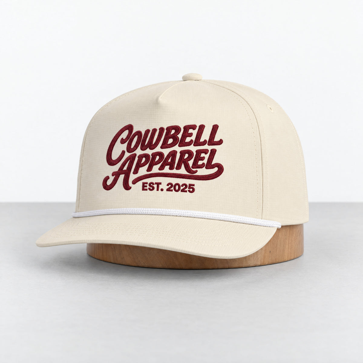 Cowbell Apparel Script rope hat in Ivory, three-quarter front view