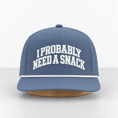 I Probably Need a Snack rope hat in Blue Jean, straight-on front view