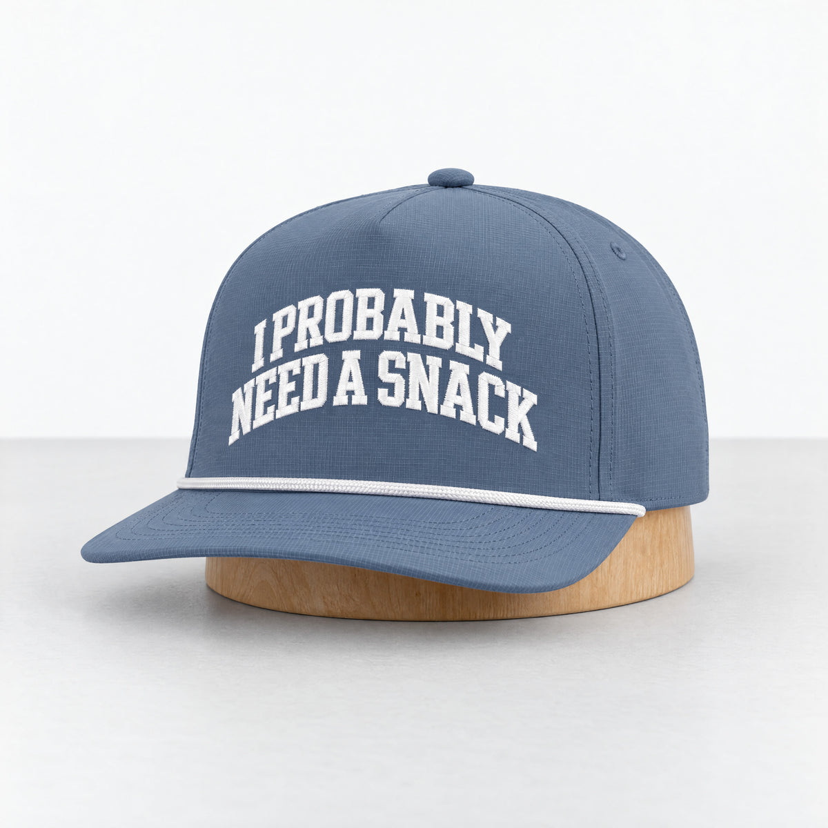 I Probably Need a Snack rope hat in Blue Jean, three-quarter front view