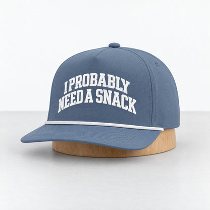 I Probably Need a Snack rope hat in Blue Jean, three-quarter front view