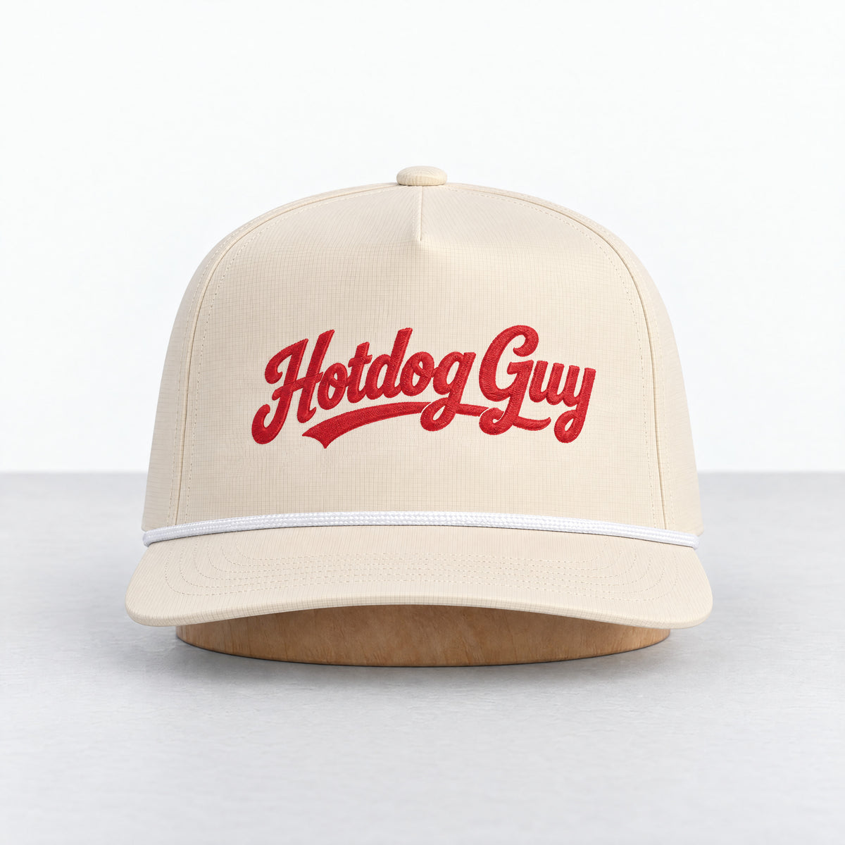Hotdog Guy rope hat in Ivory, straight-on front view