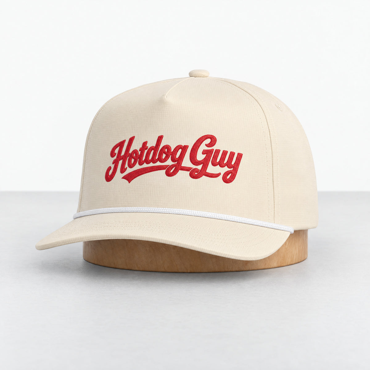 Hotdog Guy rope hat in Ivory, three-quarter front view