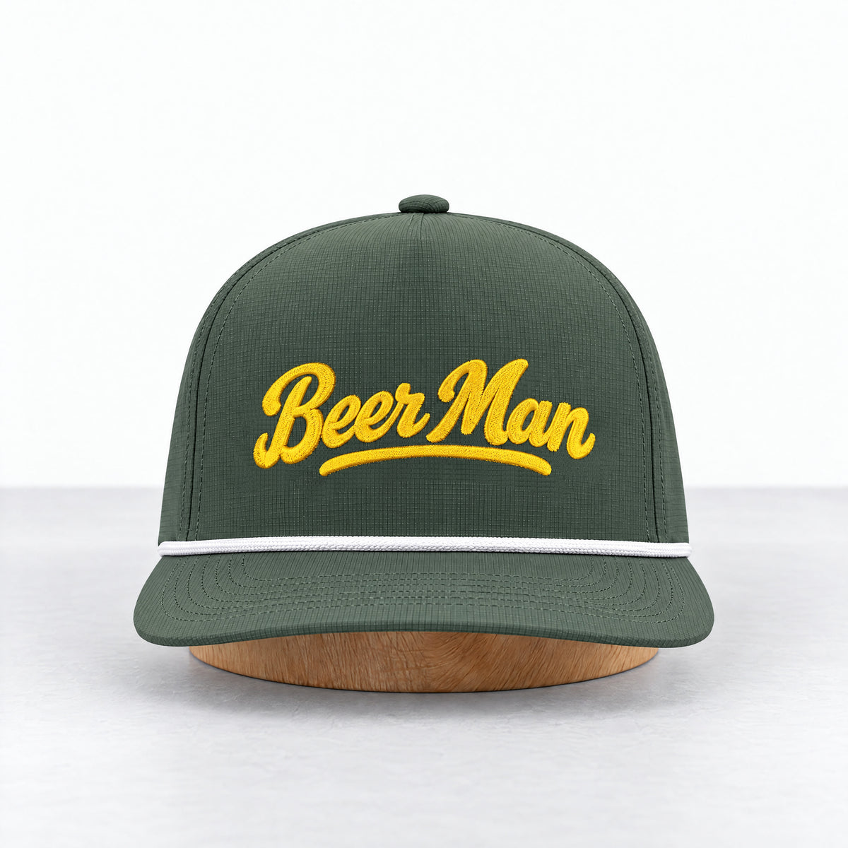 Beer Man rope hat in Moss, straight-on front view