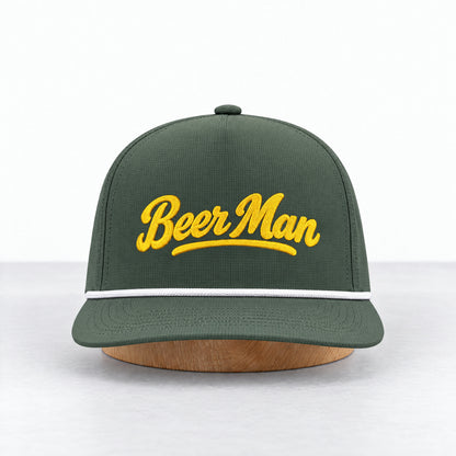 Beer Man rope hat in Moss, straight-on front view
