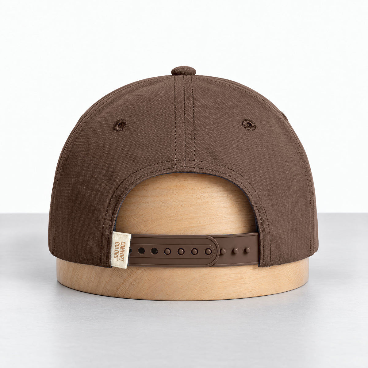 Espresso rope hat, back view with the adjustable snapback and Comfort Colors label