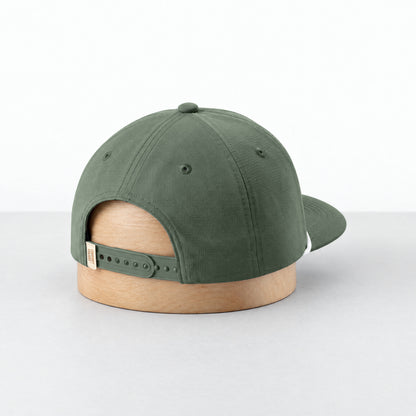 Moss rope hat, three-quarter back view with the adjustable snapback
