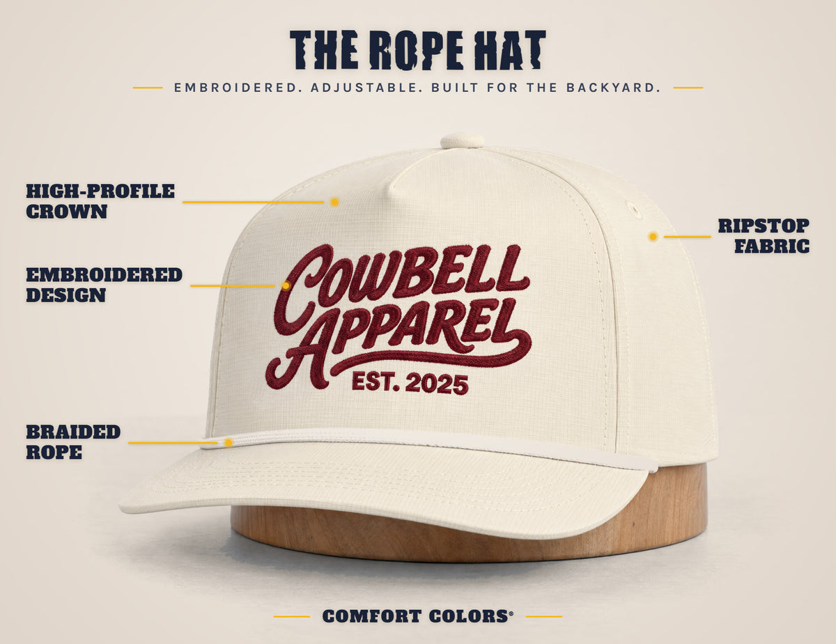 The rope hat: high-profile crown, embroidered design, braided rope and ripstop fabric